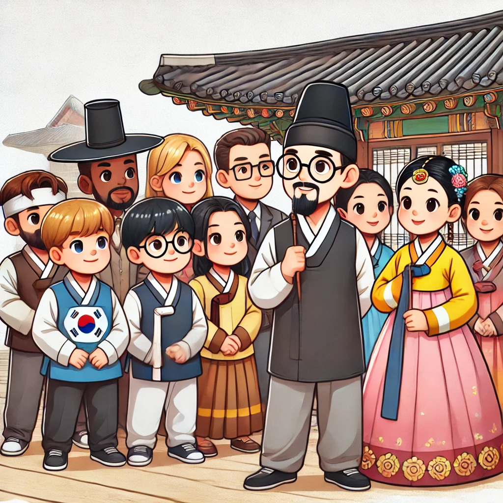 A cartoon-style illustration of a traditional Korean school (seodang) where a Korean teacher with horn-rimmed glasses is teaching Korean proverbs to a group of foreigners. The students are a mix of white, black, Southeast Asian, and Native American men and women. Everyone is dressed in traditional Korean hanbok. The illustration portrays an educational setting in a fun and approachable manner.