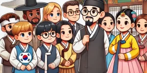 A cartoon-style illustration of a traditional Korean school (seodang) where a Korean teacher with horn-rimmed glasses is teaching Korean proverbs to a group of foreigners. The students are a mix of white, black, Southeast Asian, and Native American men and women. Everyone is dressed in traditional Korean hanbok. The illustration portrays an educational setting in a fun and approachable manner.